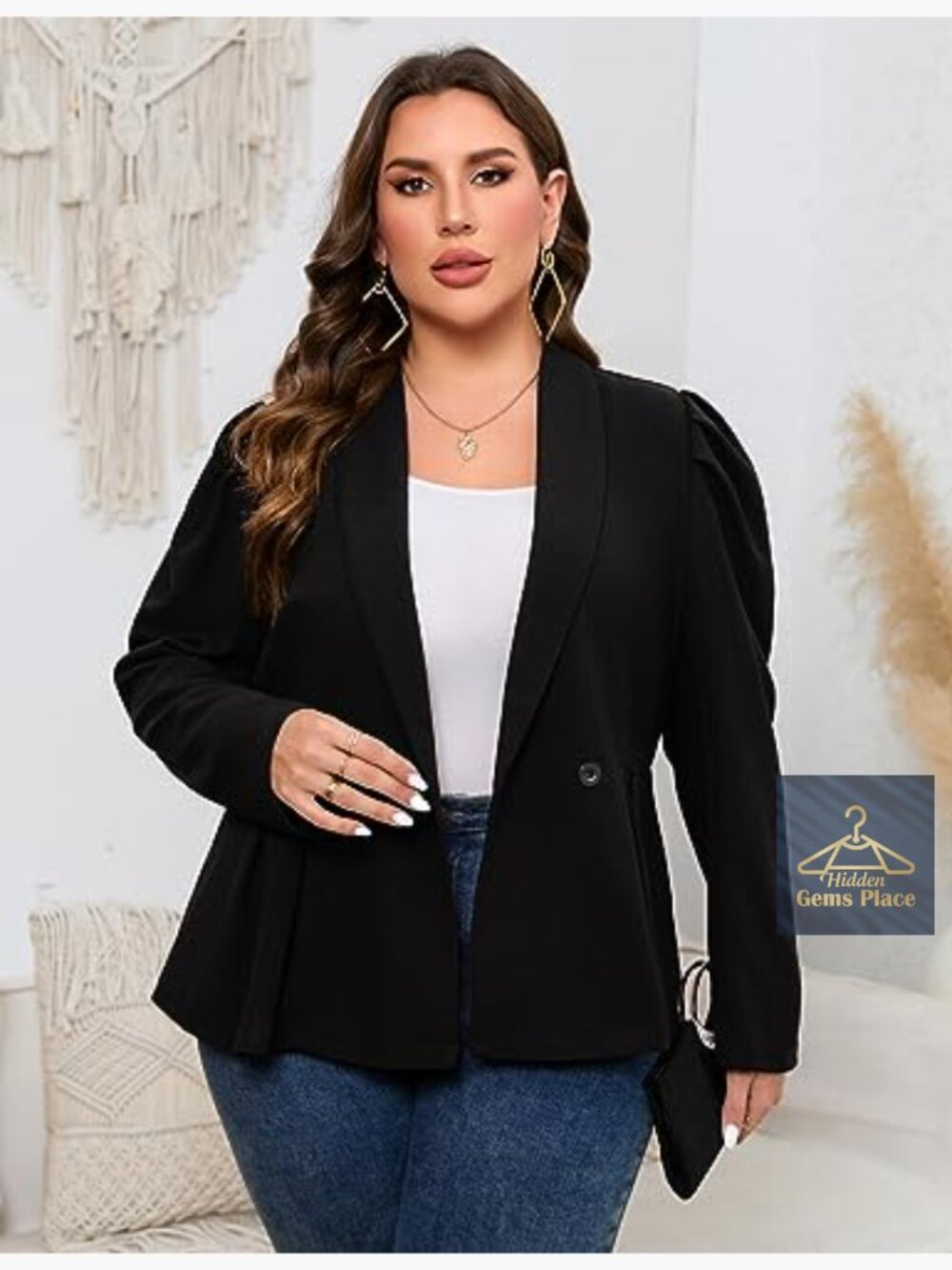 Plus Size Curve-Hugging Peplum Knit Blazer with Shawl Lapel & Puff Shoulders - Picture 6 of 6